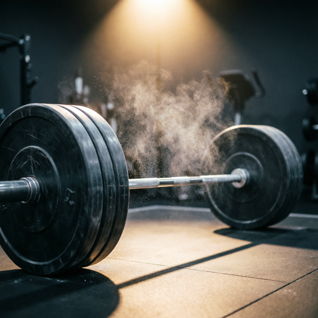 Loaded barbell on the lifting platform with chalk dust