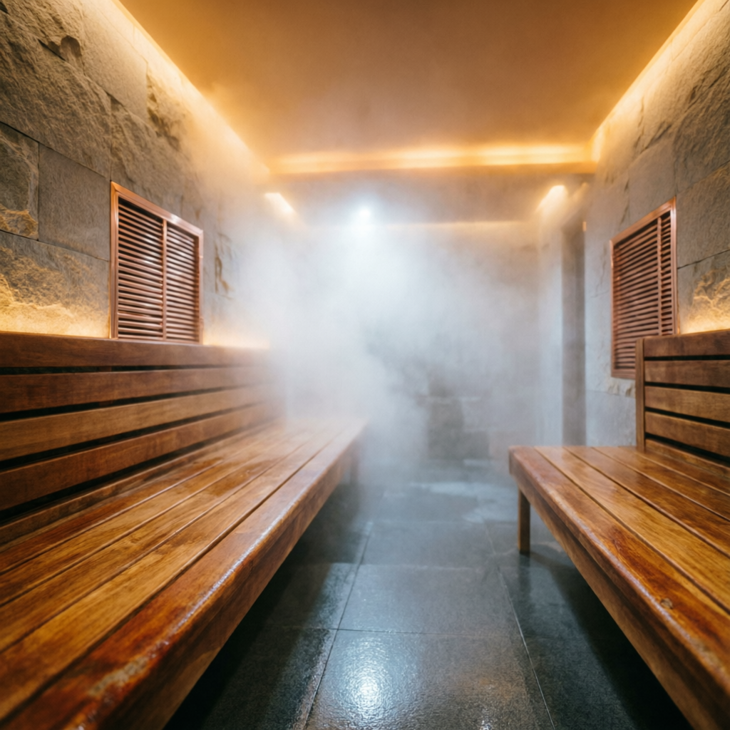 Steam room with wooden benches and soft mist