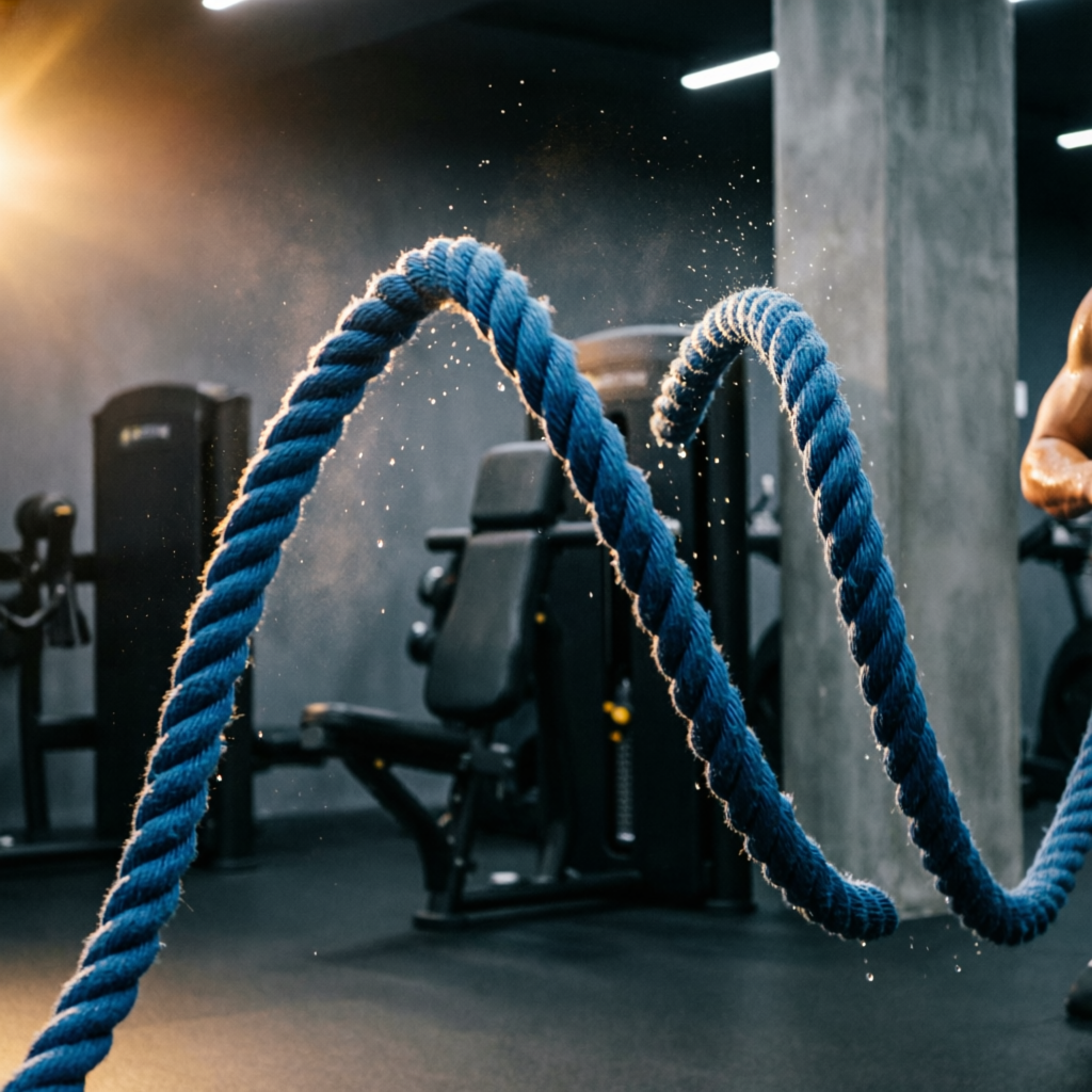 Battle ropes mid-whip in the functional training zone