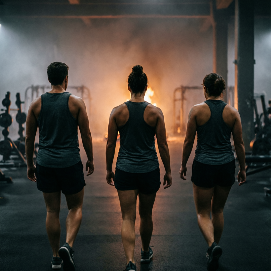Three Phinix members walking together onto the training floor toward warm light
