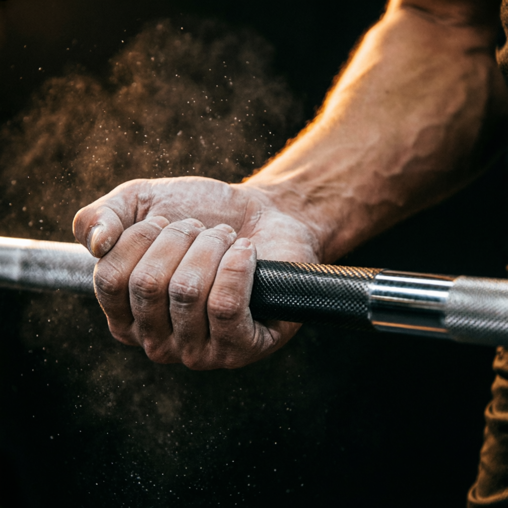 Chalked hands gripping a knurled barbell