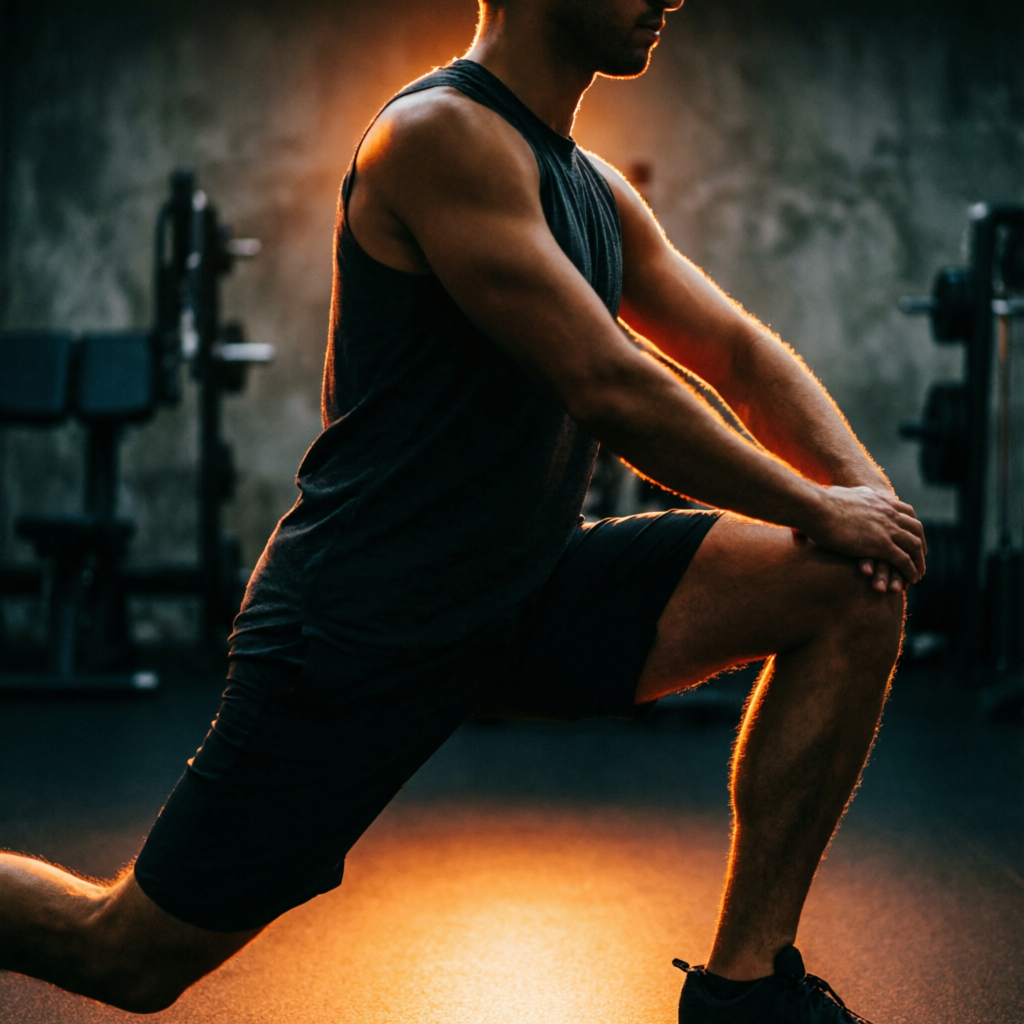 Member performing a deep lunge stretch under warm backlight