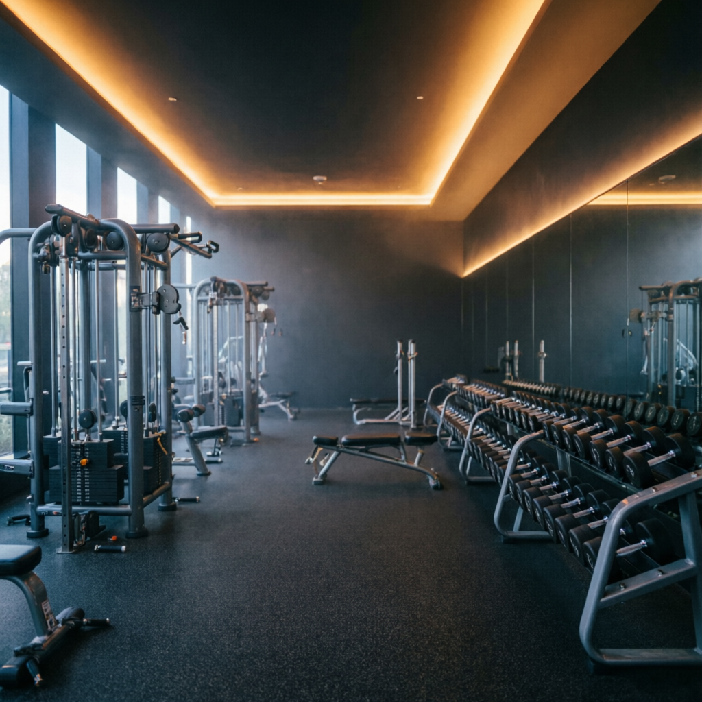 Panoramic view of the full Phinix training floor — machines, benches and dumbbell racks under warm ceiling light