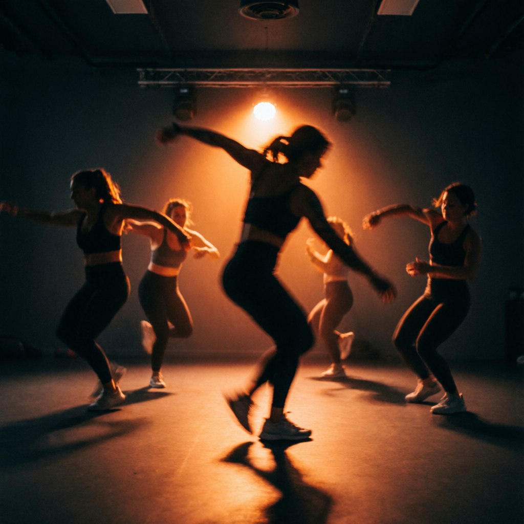 High-energy Zumba dance class in motion under warm stage light