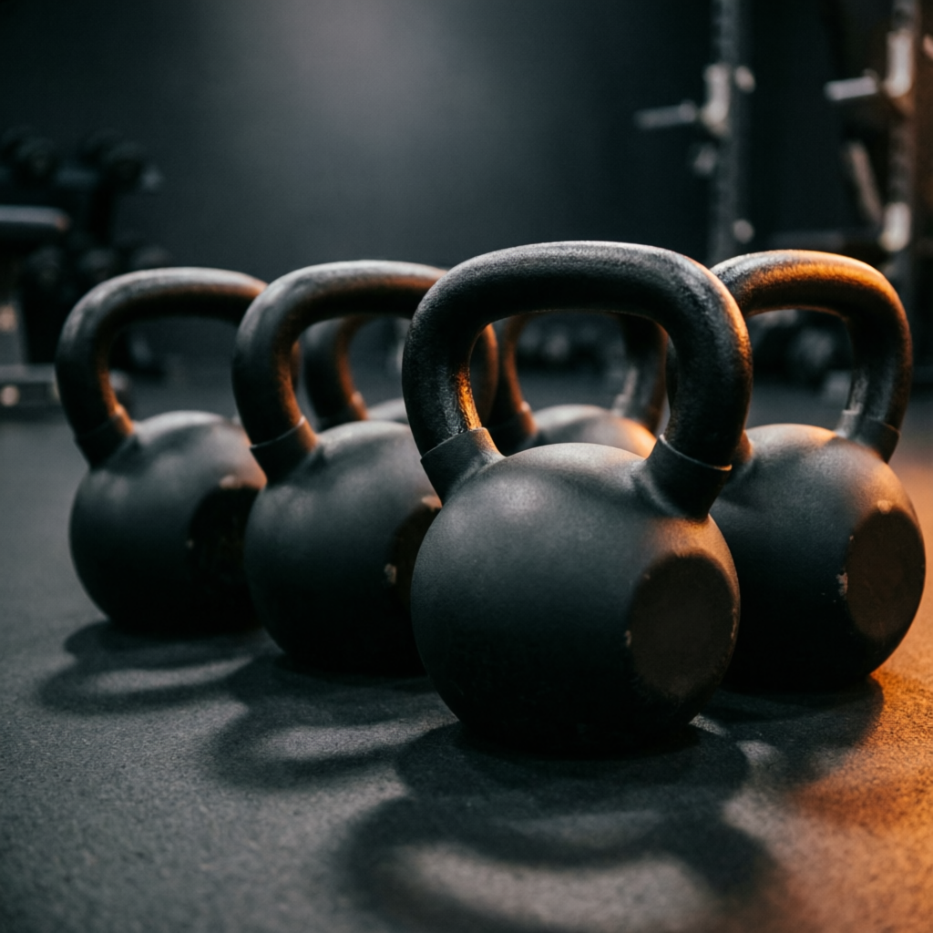 Row of matte black kettlebells under ember light