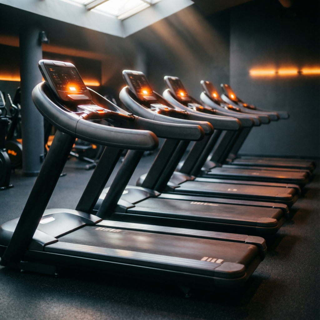 Cardio zone — treadmills with glowing consoles at Phinix Burn Fitness