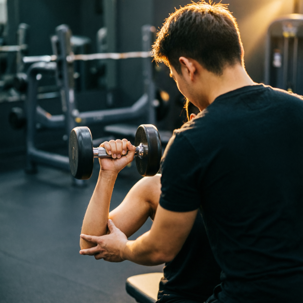 A Phinix coach guiding a member's dumbbell form, hands-on and attentive