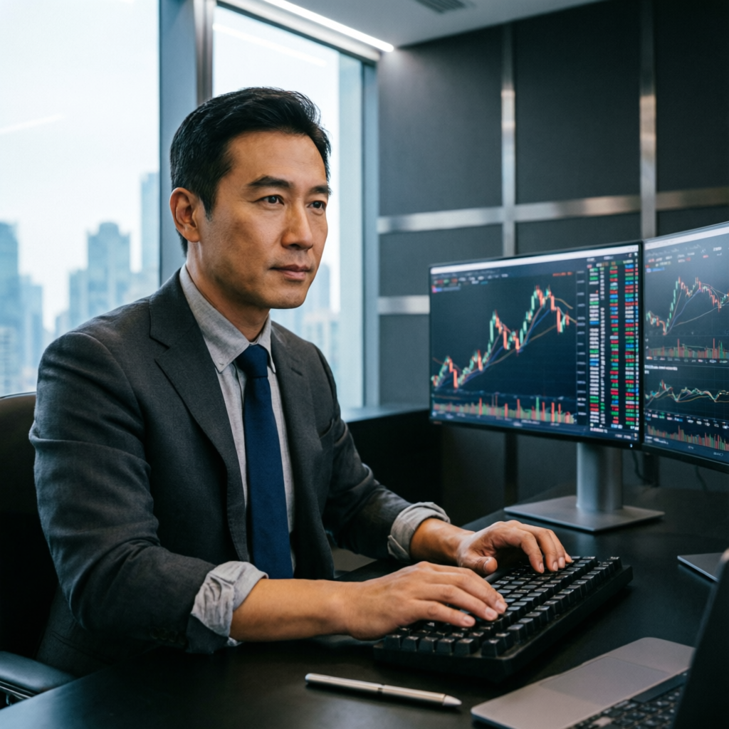 Professional Trader Analyzing Forex Charts in Modern Trading Office