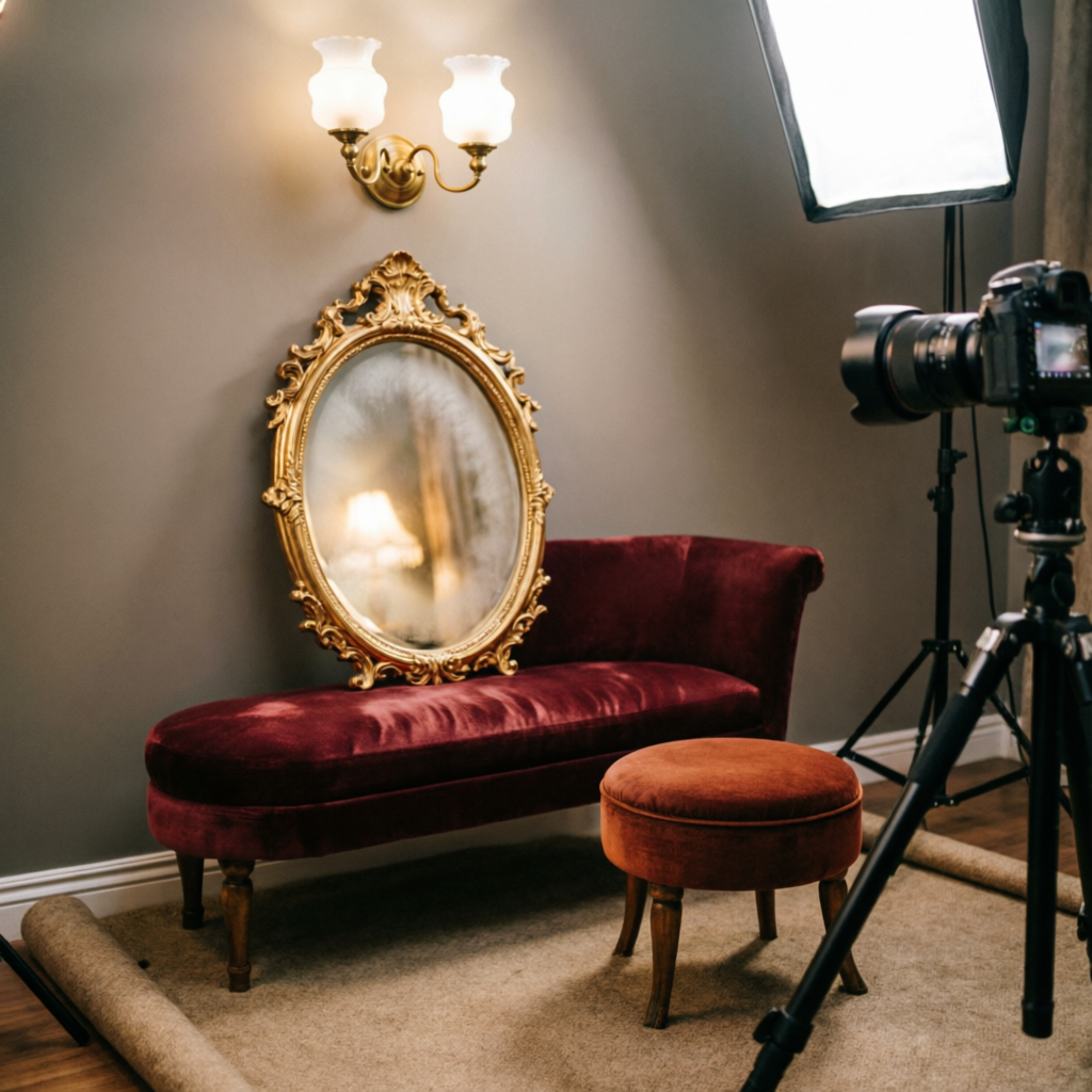 Elegant boudoir photography studio with vintage mirror and professional lighting