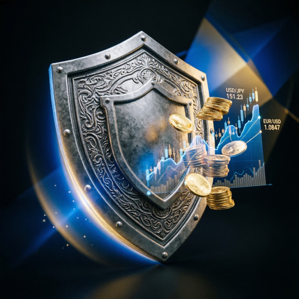 Risk management shield protecting forex trading accounts