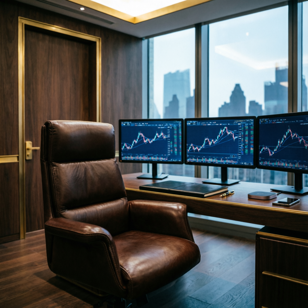 Premium luxury finance office with trading setup