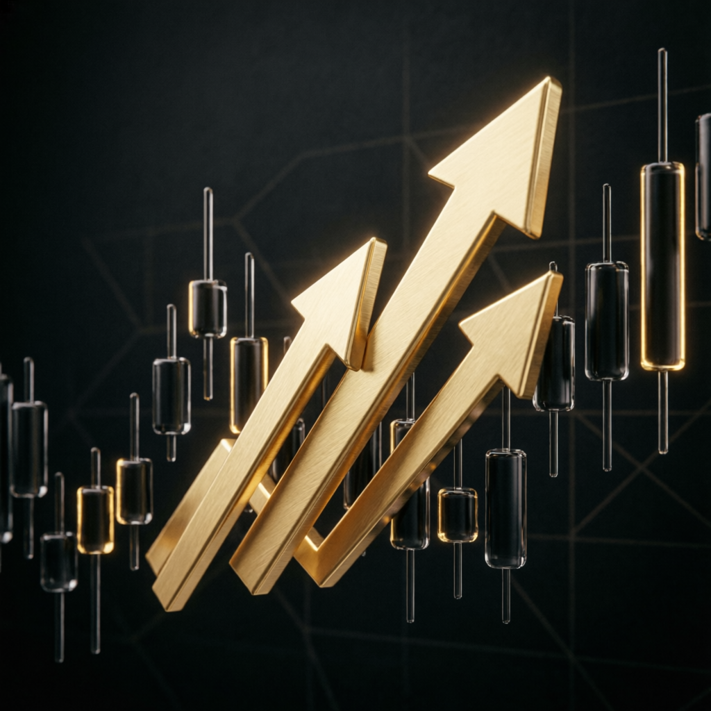 Financial growth visualization with golden upward arrows