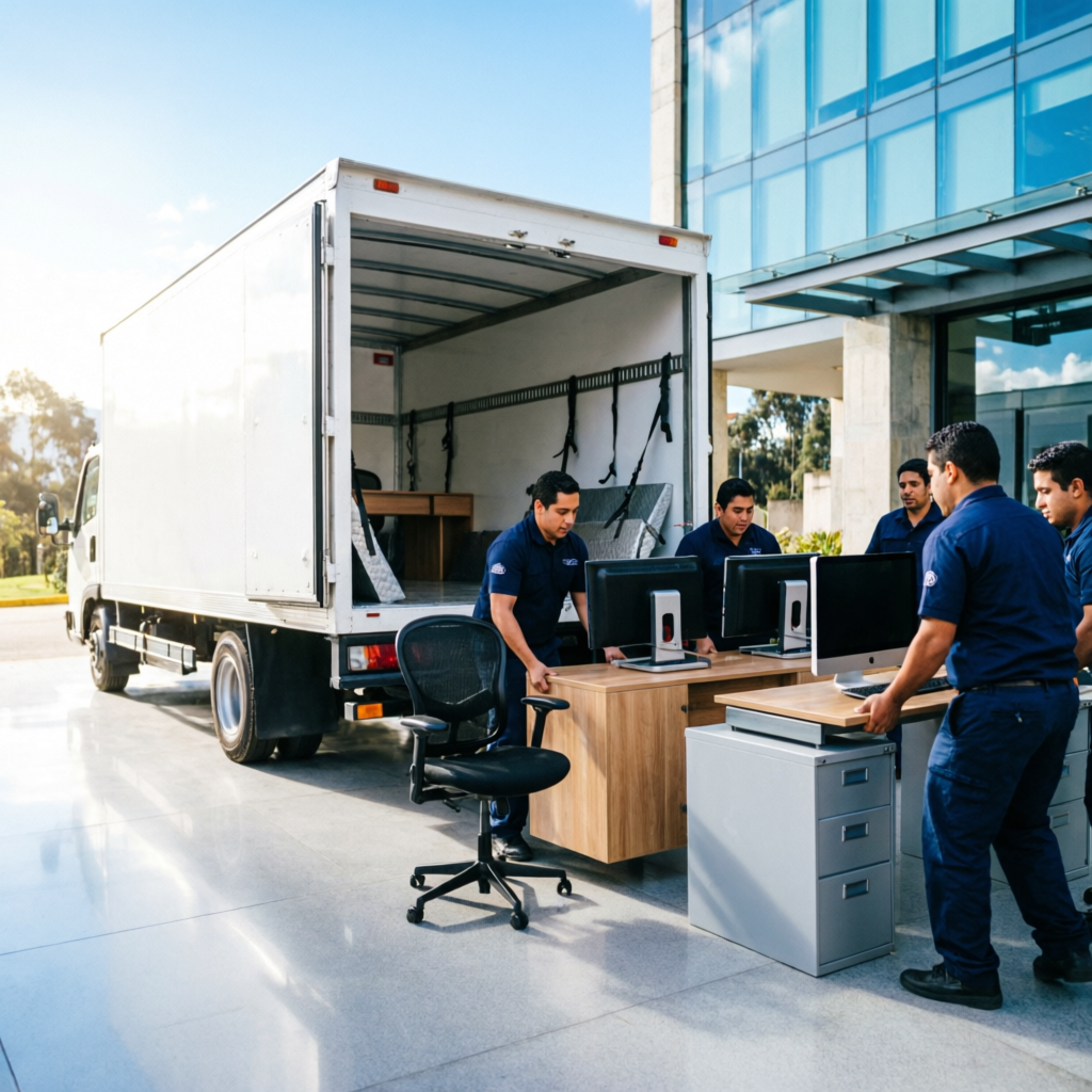 Trasteos de oficinas en Bogotá - equipo profesional moviendo mobiliario corporativo