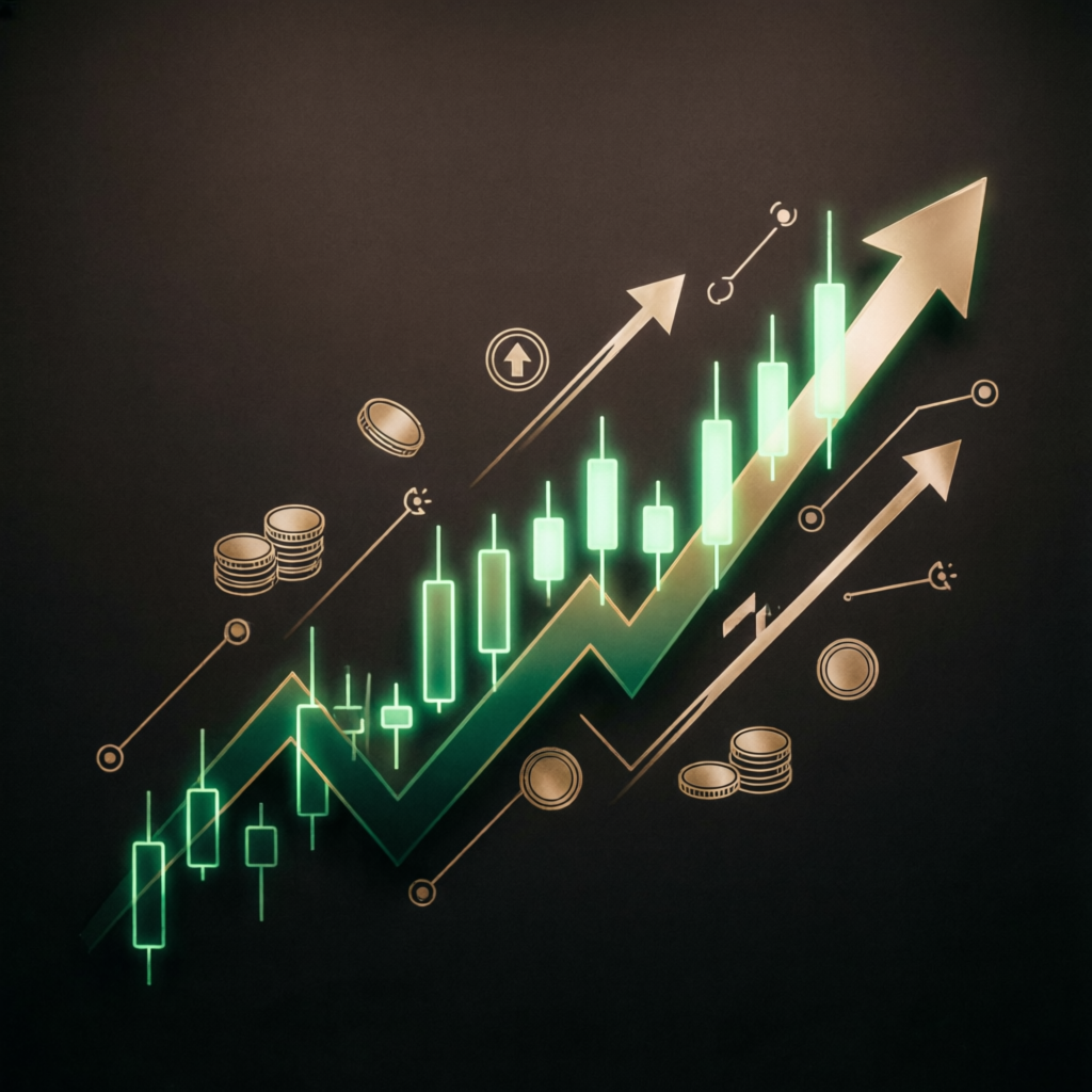 Financial growth chart with upward trending candles and gold coins