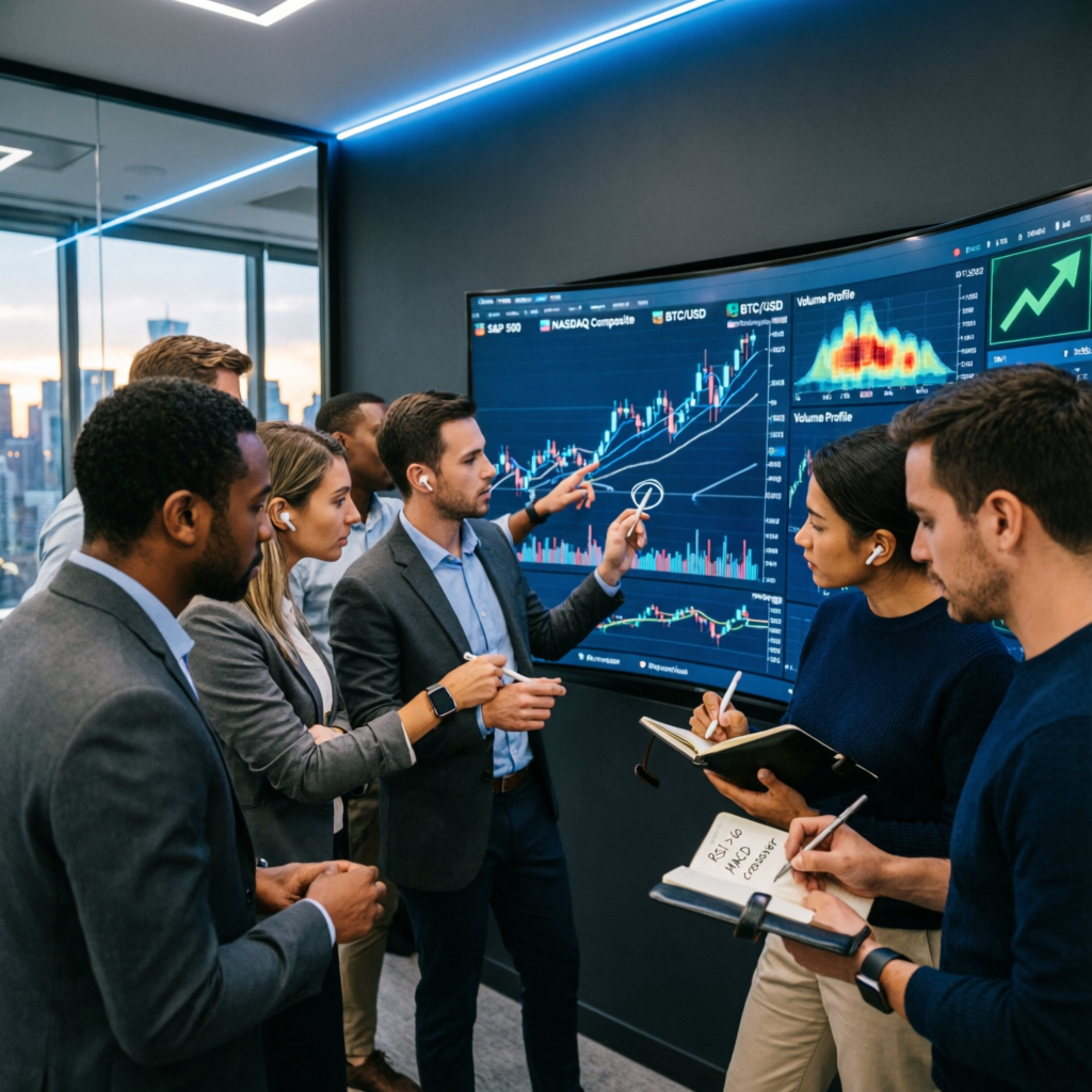 Professional trading team analyzing charts and market data