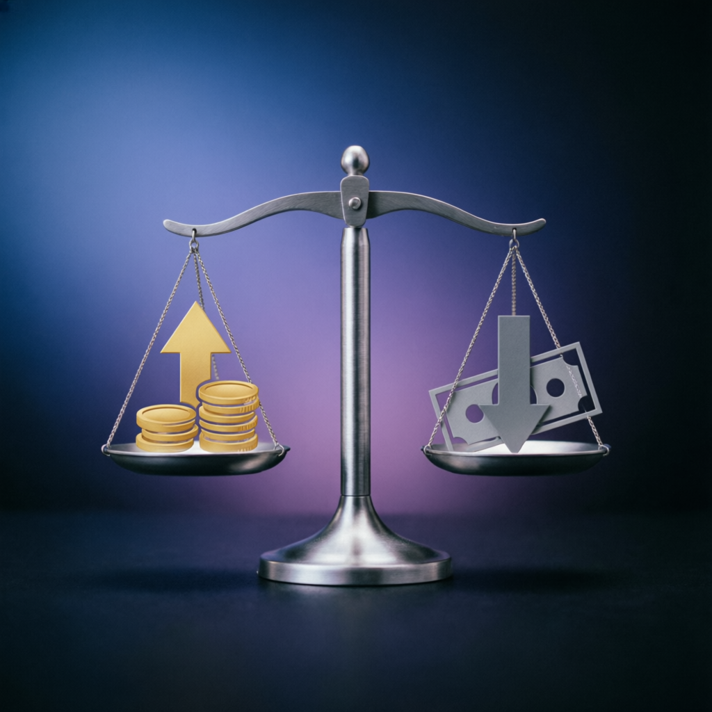 Risk management balance scale showing profit and loss equilibrium