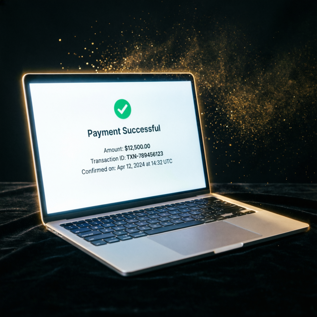 Laptop showing successful payment confirmation with gold particle effects