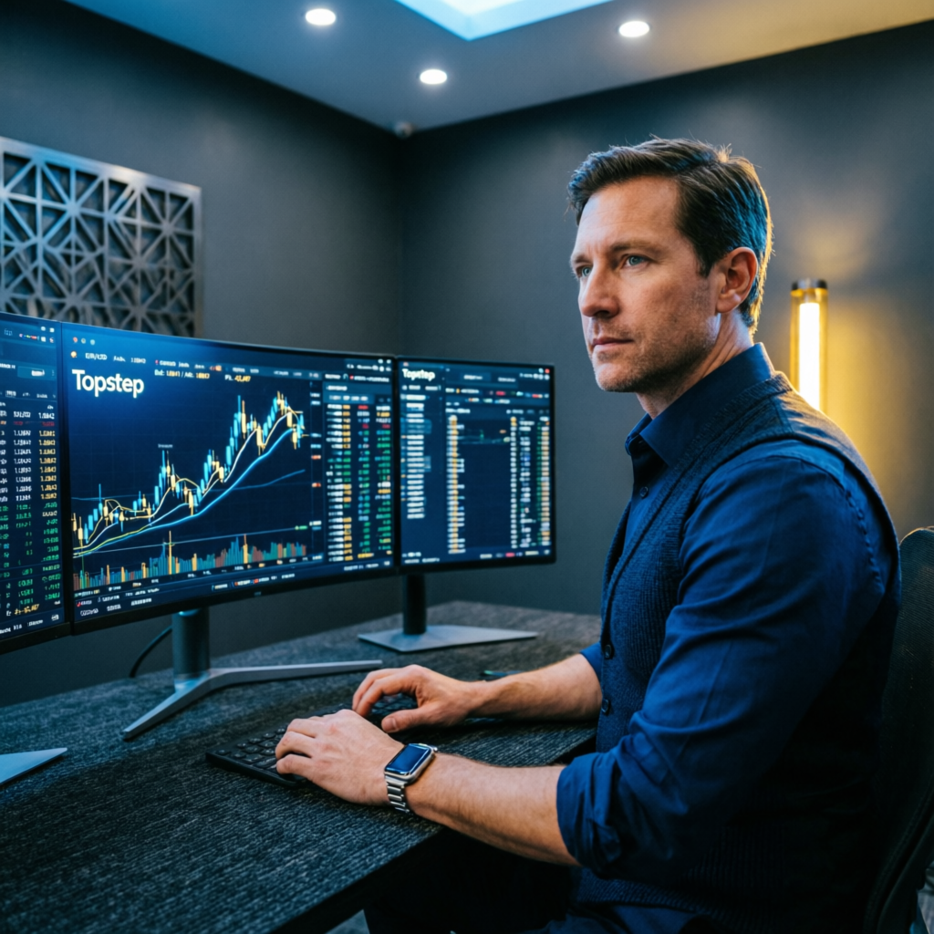 Professional forex trader managing Topstep funded account with multi-monitor trading setup