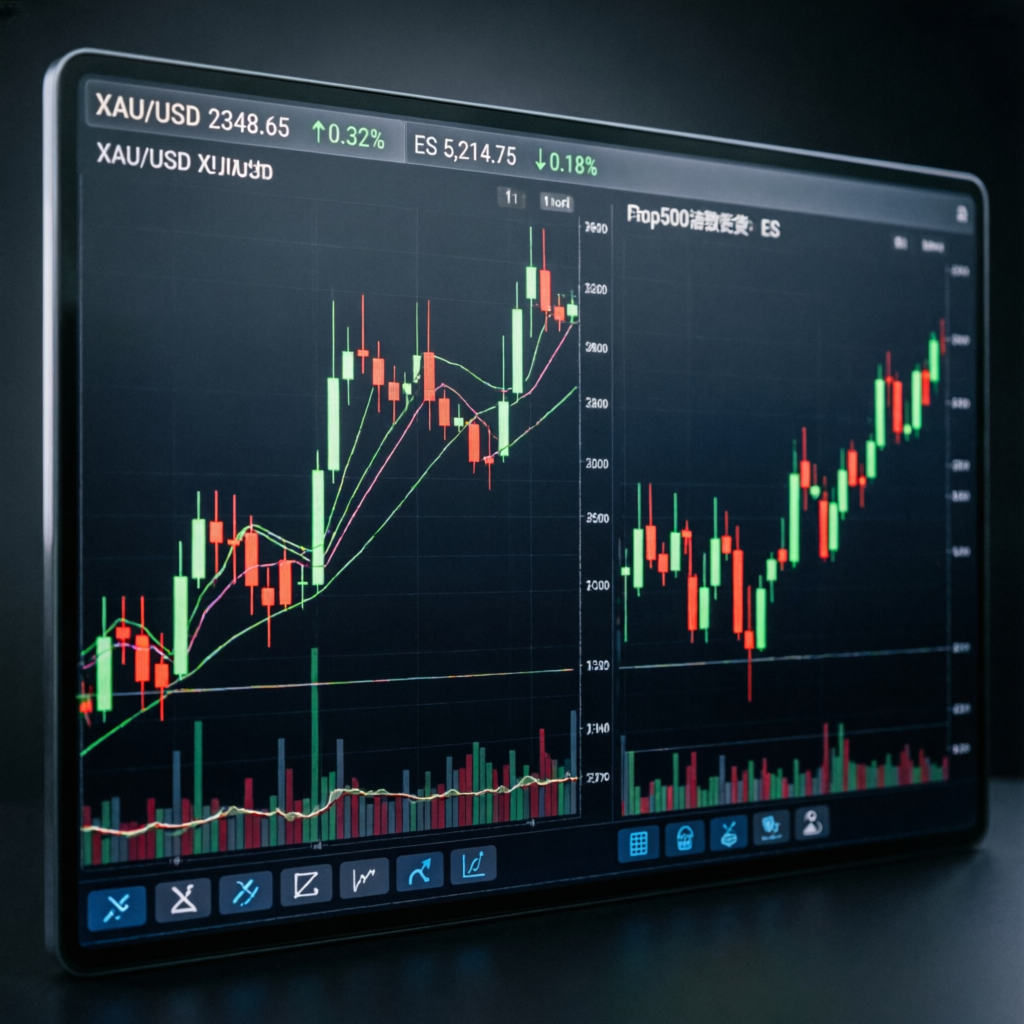 XAU/USD Gold and ES S&P500 futures trading charts on professional platform