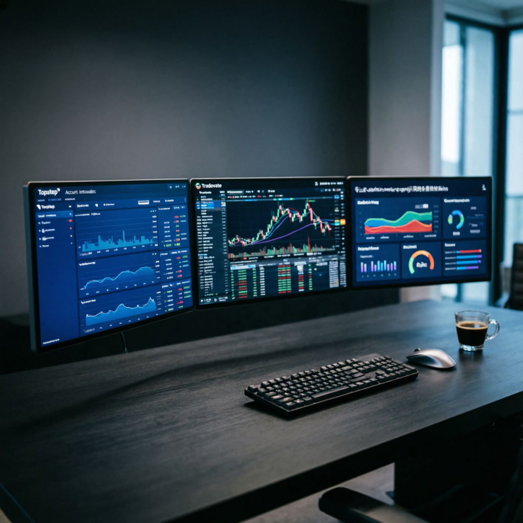 Multi-monitor trading setup with Topstep Tradovate and analytics dashboards
