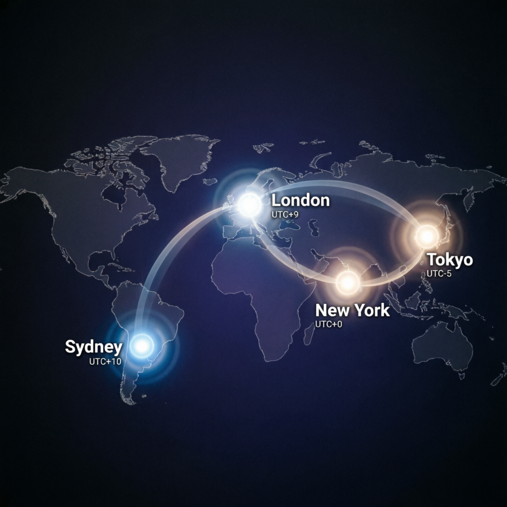 Global trading sessions map showing Sydney London New York Tokyo market hours