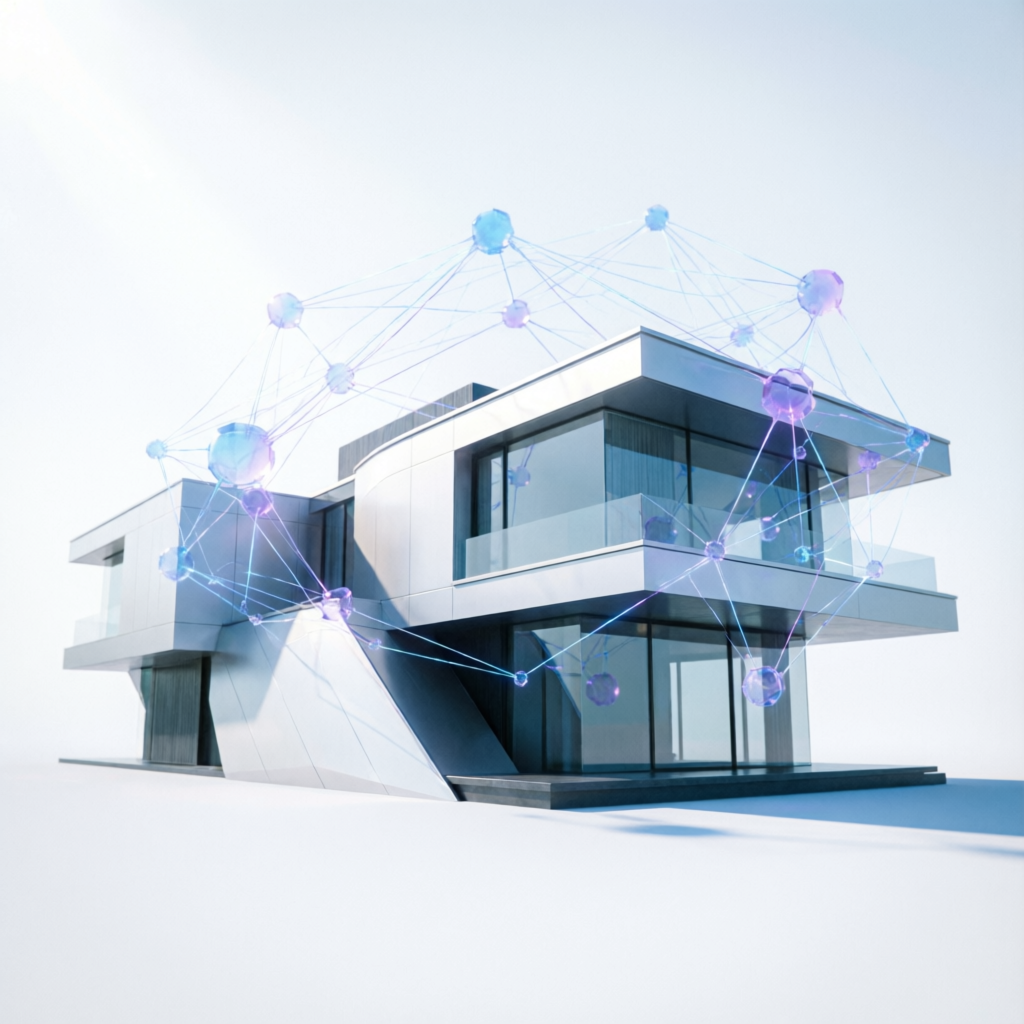 Casa moderna com sobreposição de dados digitais