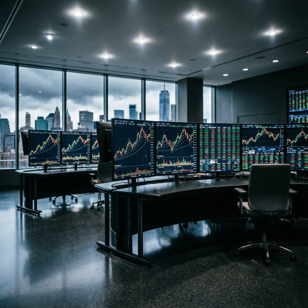 Professional trading office with multiple monitors showing prop firm services