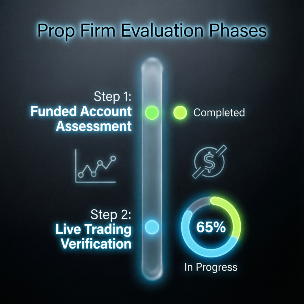 Prop firm evaluation phases showing Step 1 assessment and Step 2 verification