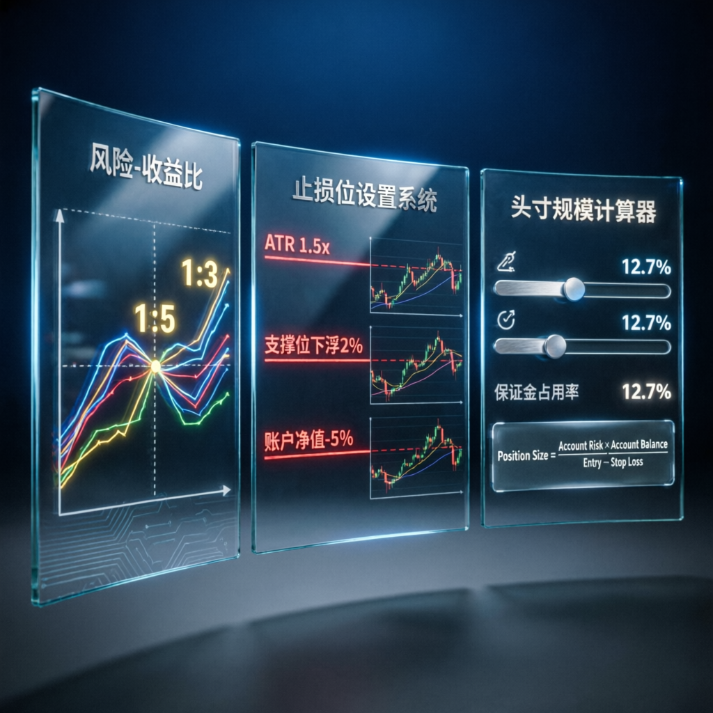 Risk management visualization with risk-reward ratio, stop loss levels, and position sizing