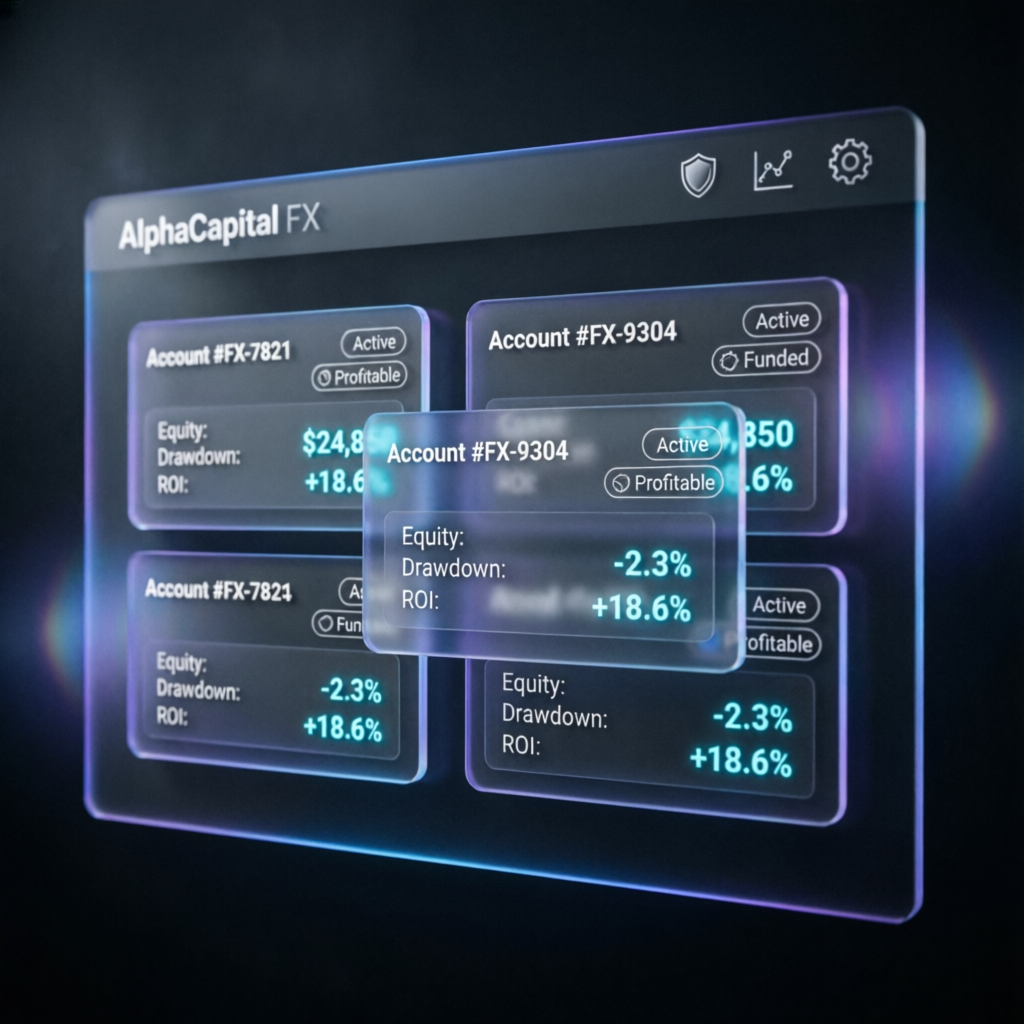 Forex account management dashboard showing multiple funded accounts with equity and ROI