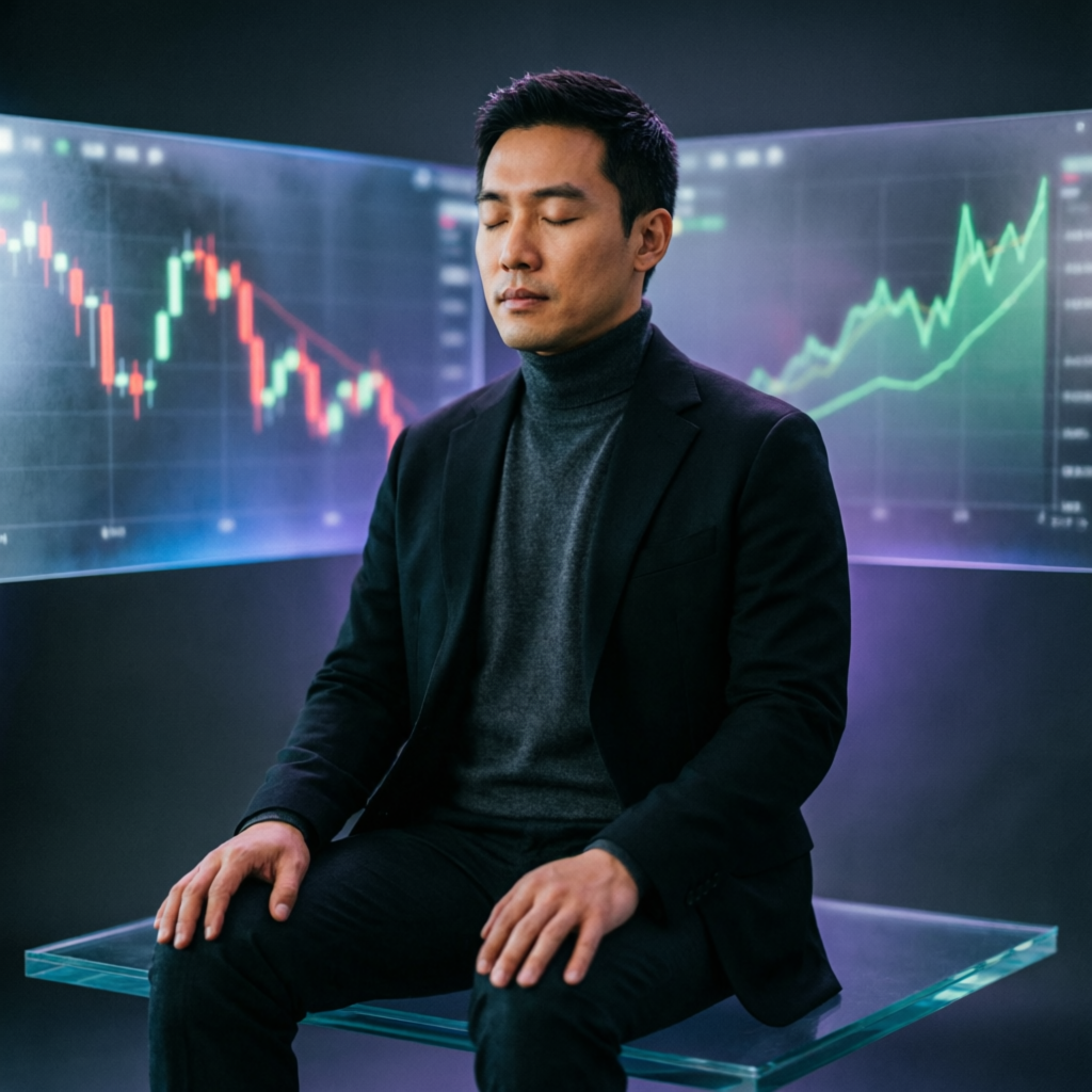 Trader practicing mindfulness and discipline with trading charts in background