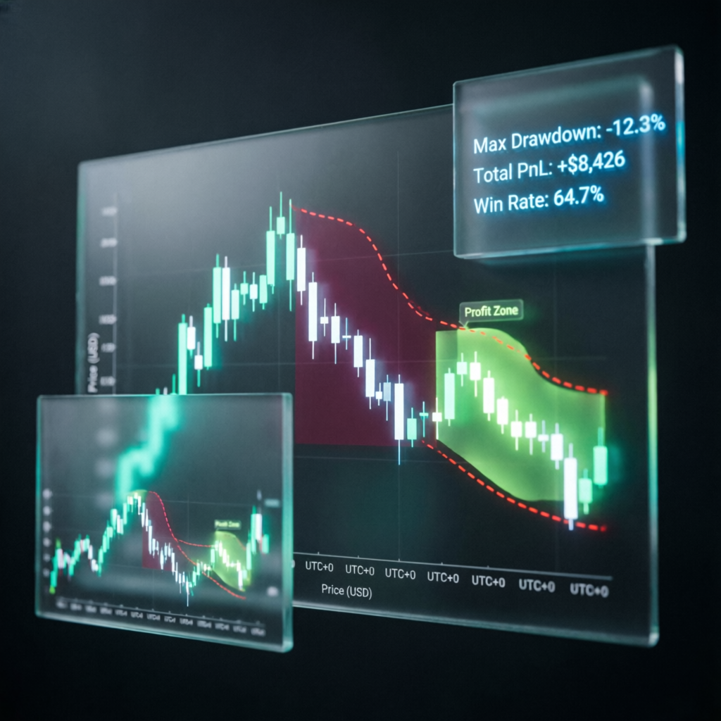 Futures trading chart with drawdown visualization and profit zones
