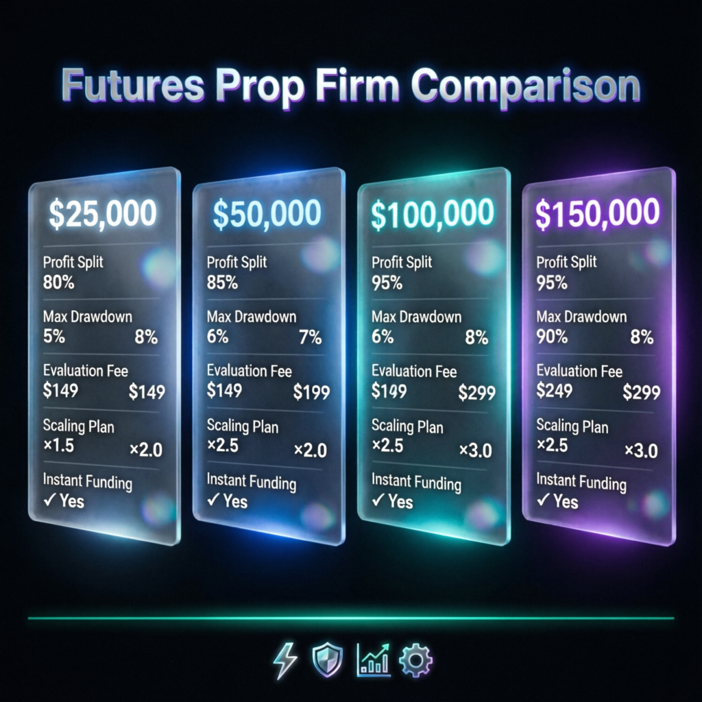 Futures prop firm comparison showing account sizes, profit splits, and evaluation fees
