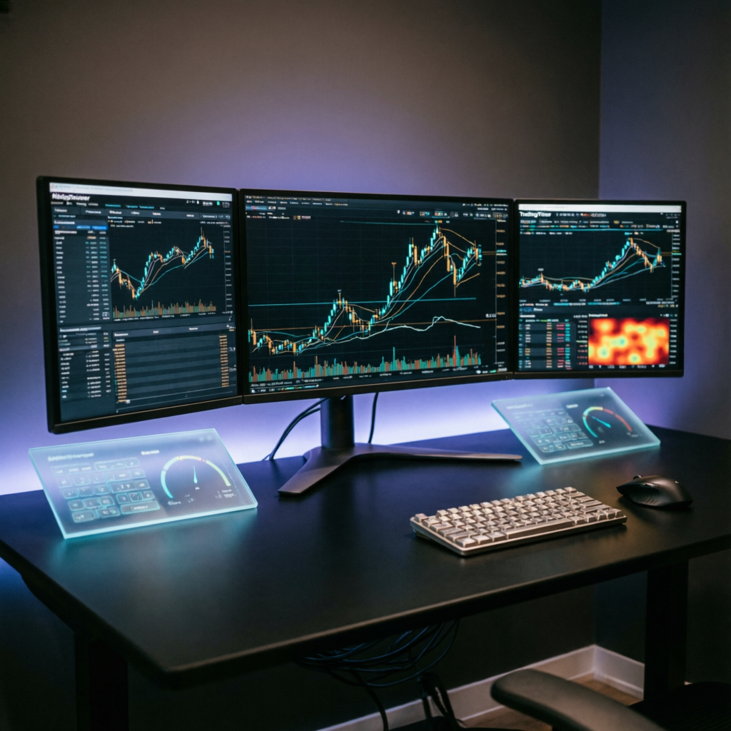 Modern trader workspace with NinjaTrader and TradingView multi-monitor setup