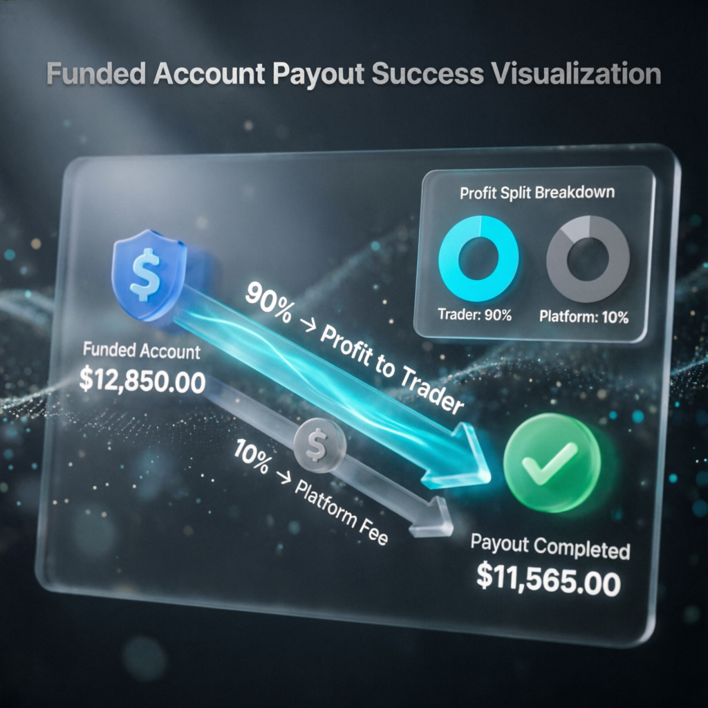 Funded account payout visualization showing 90/10 profit split