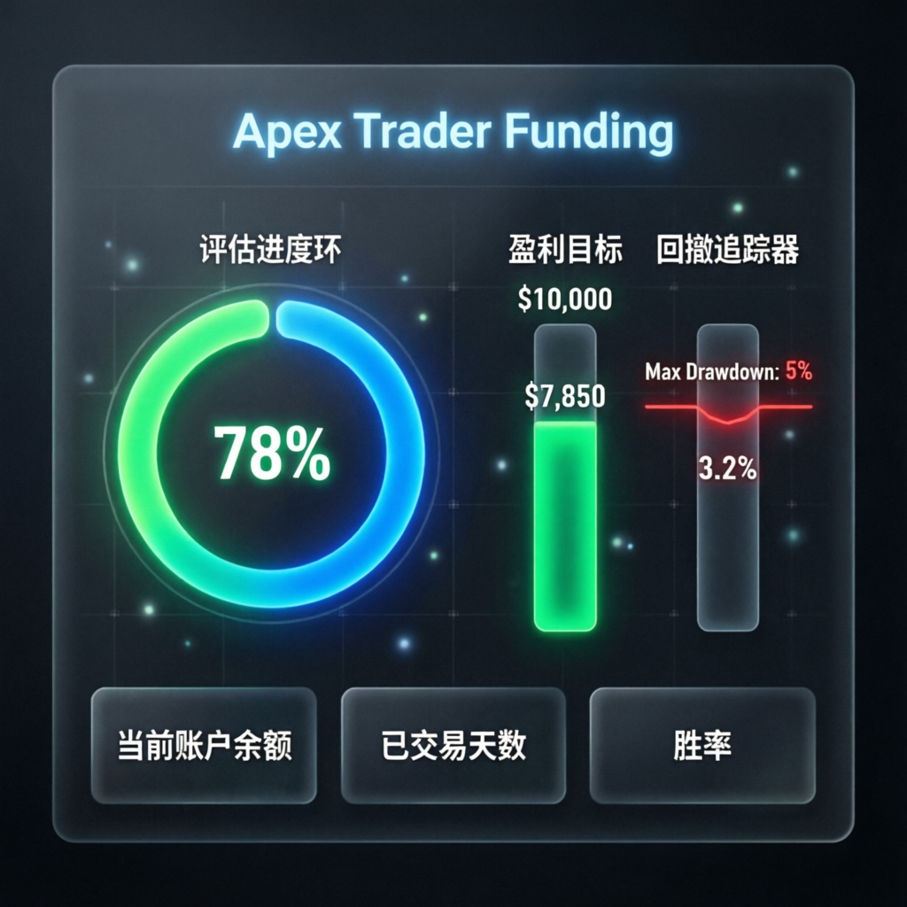 Apex Trader Funding dashboard showing evaluation progress, profit target, and drawdown tracker