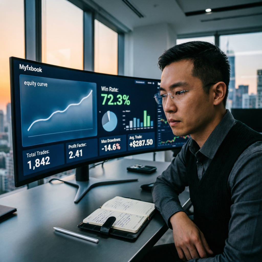 Professional trader reviewing Myfxbook performance analytics with equity curve and win rate