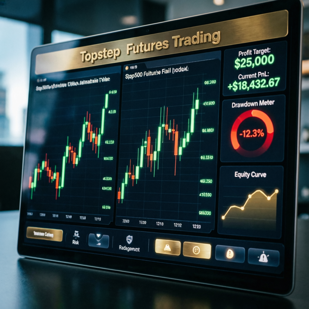 Topstep Futures Trading dashboard showing profit targets and drawdown meters
