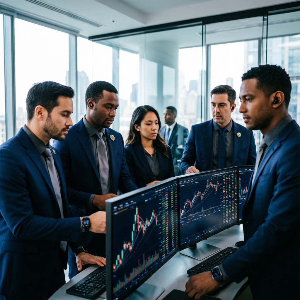 Professional prop firm trading team analyzing charts