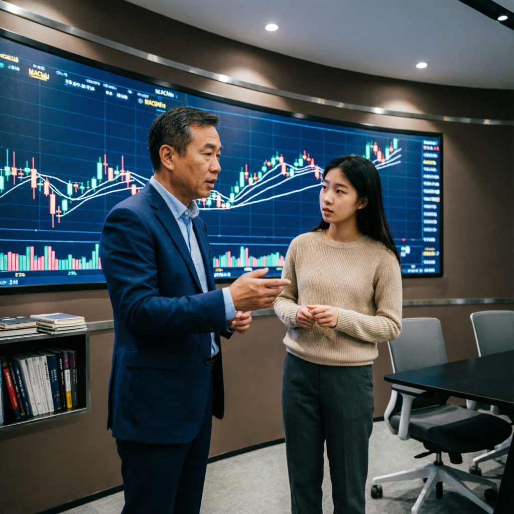 Trading mentor educating student on chart analysis