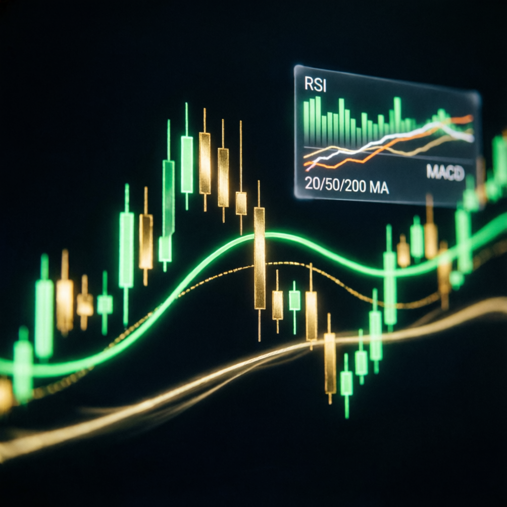 Abstract financial chart visualization with candlesticks and technical indicators