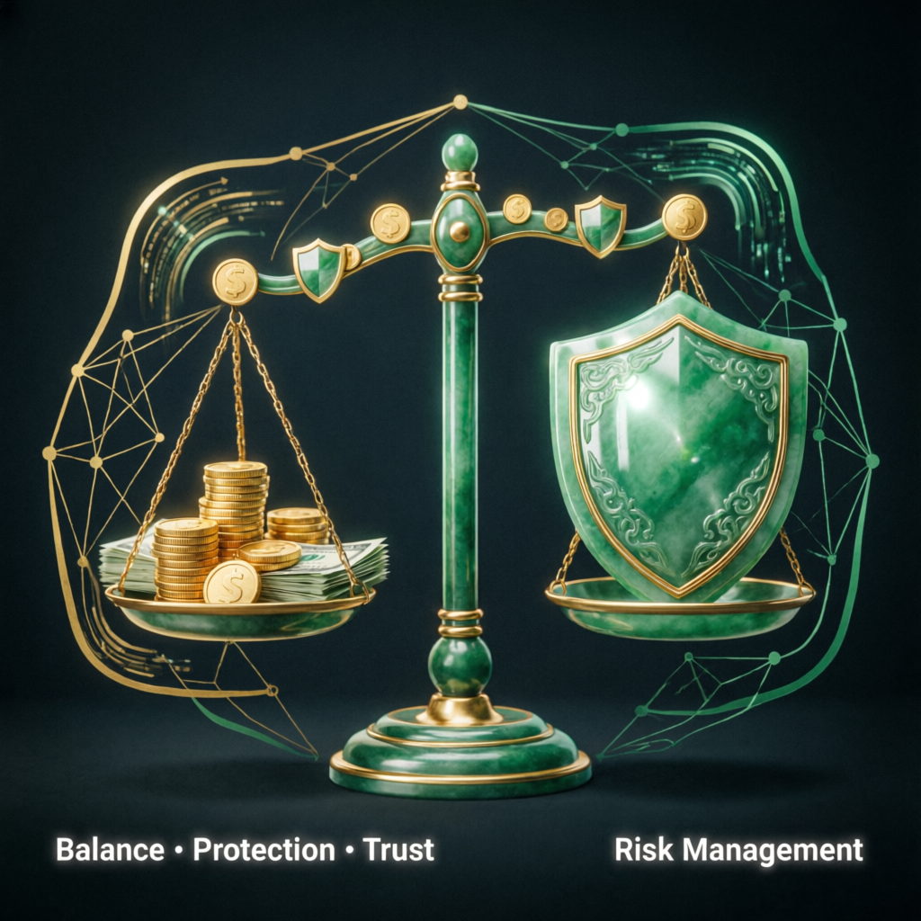 Risk management concept with balanced scales and shield