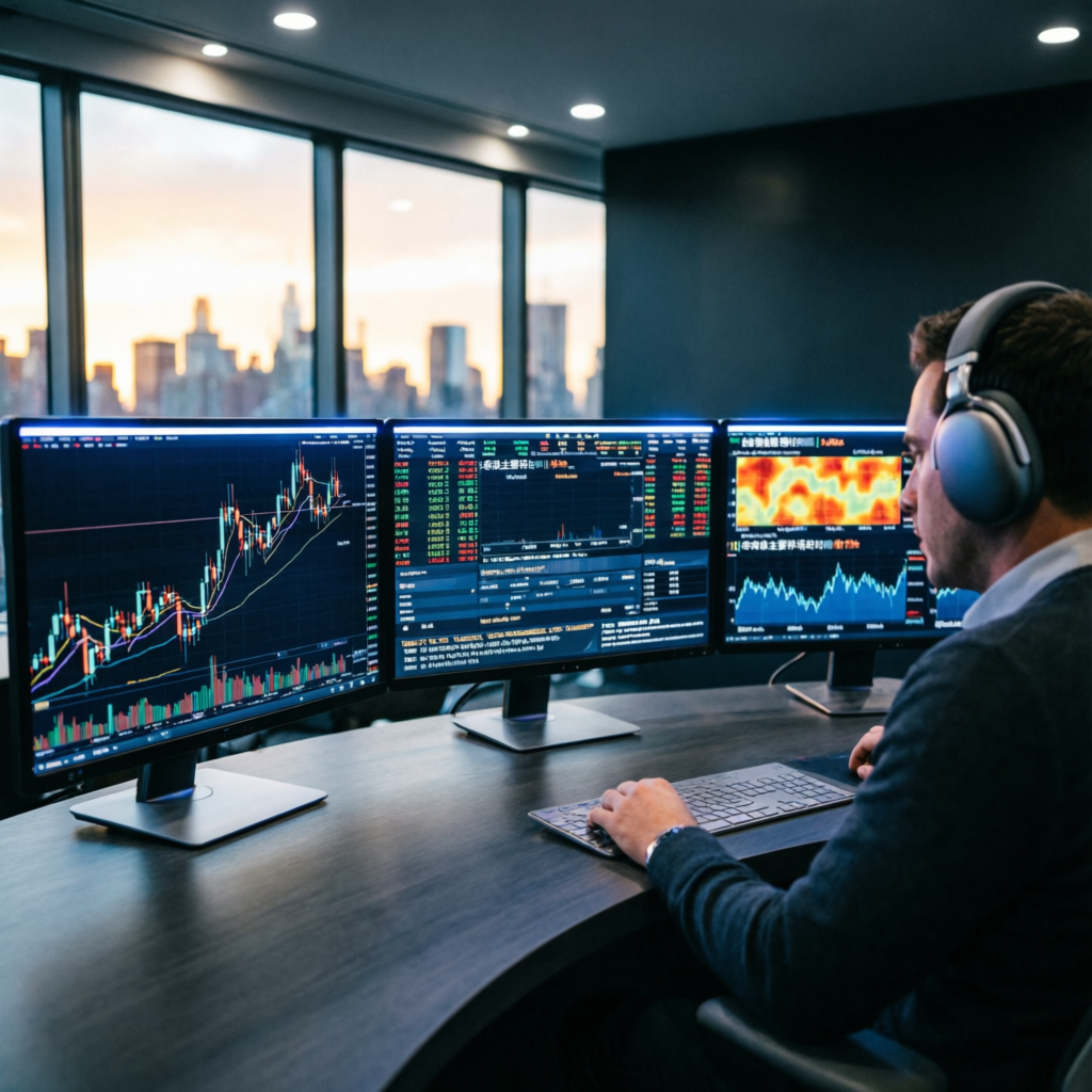 Professional forex trading desk with multiple monitors showing Topstep futures charts