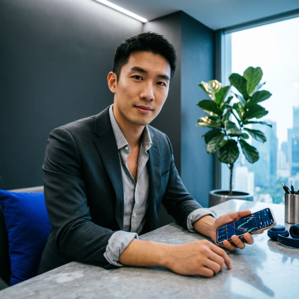 Professional trader using mobile phone for forex trading