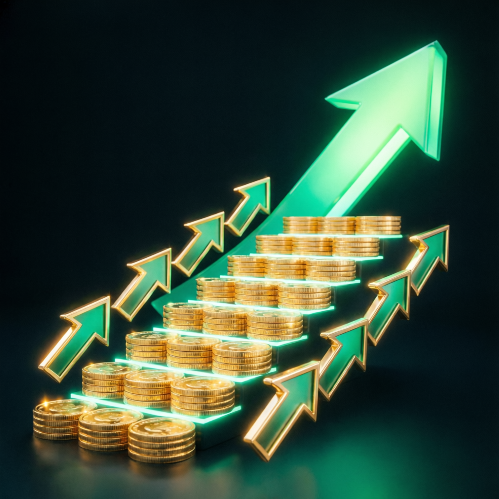 Profit growth visualization with ascending gold coins and green arrows