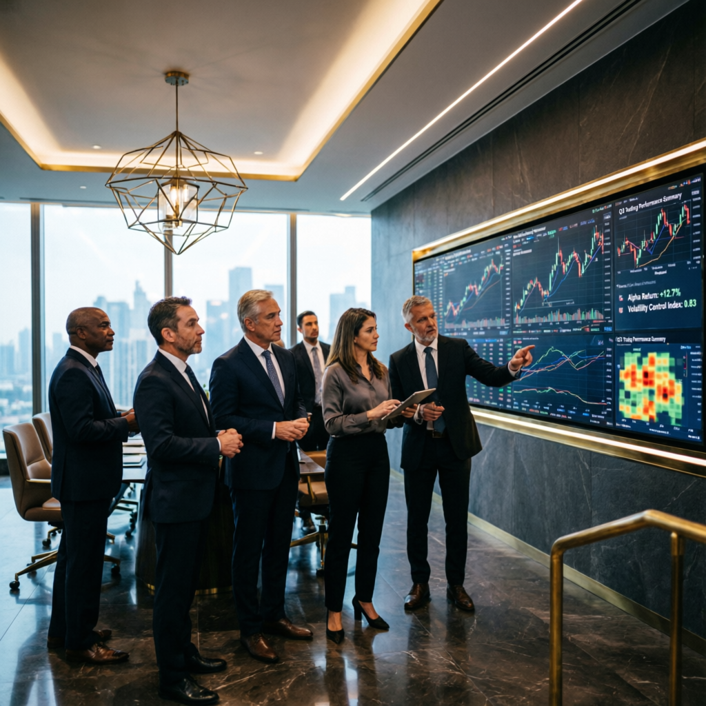 Professional trading team analyzing prop firm challenge strategies