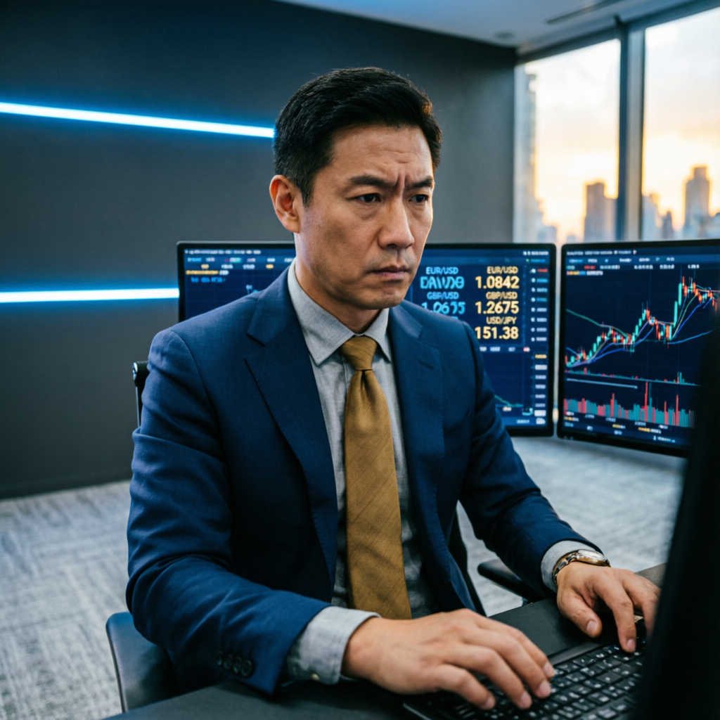 Professional forex trader analyzing prop firm challenge at trading desk