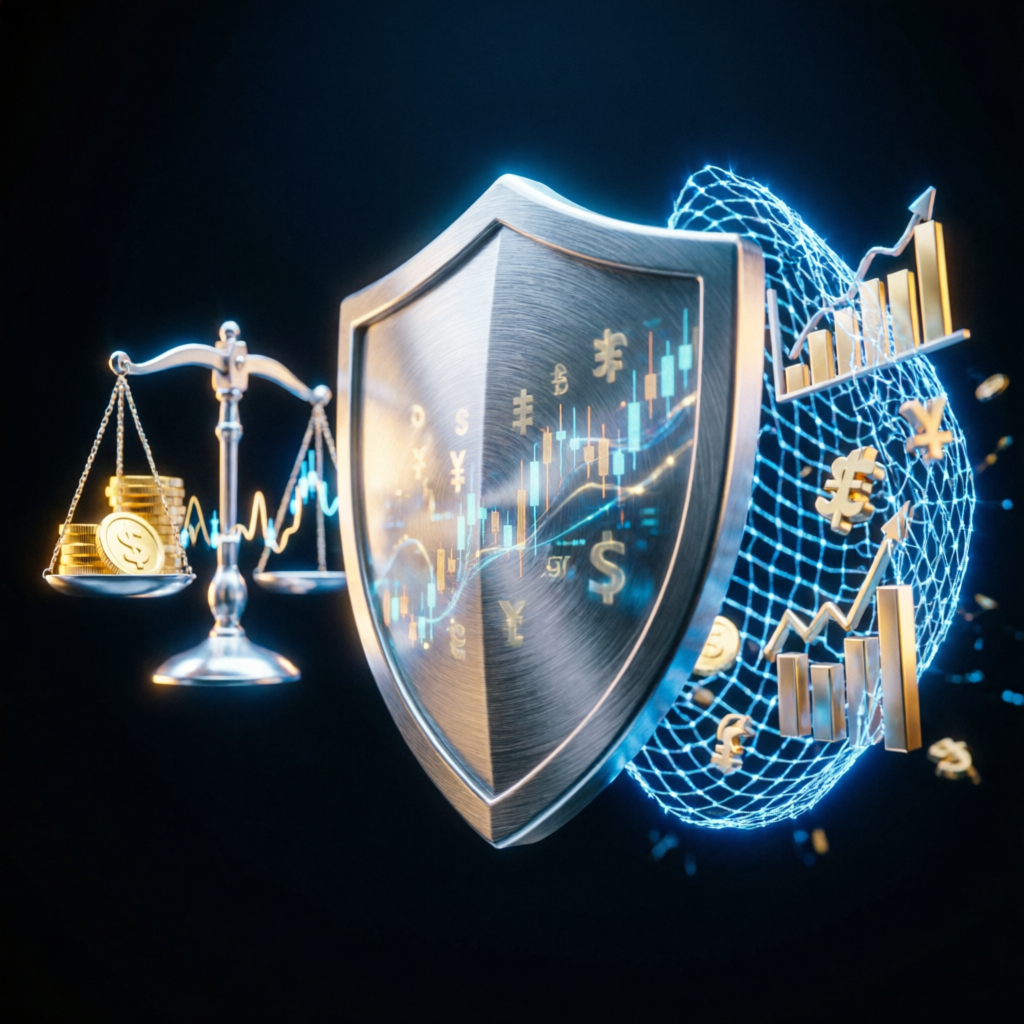 Risk management shield protecting forex trading assets