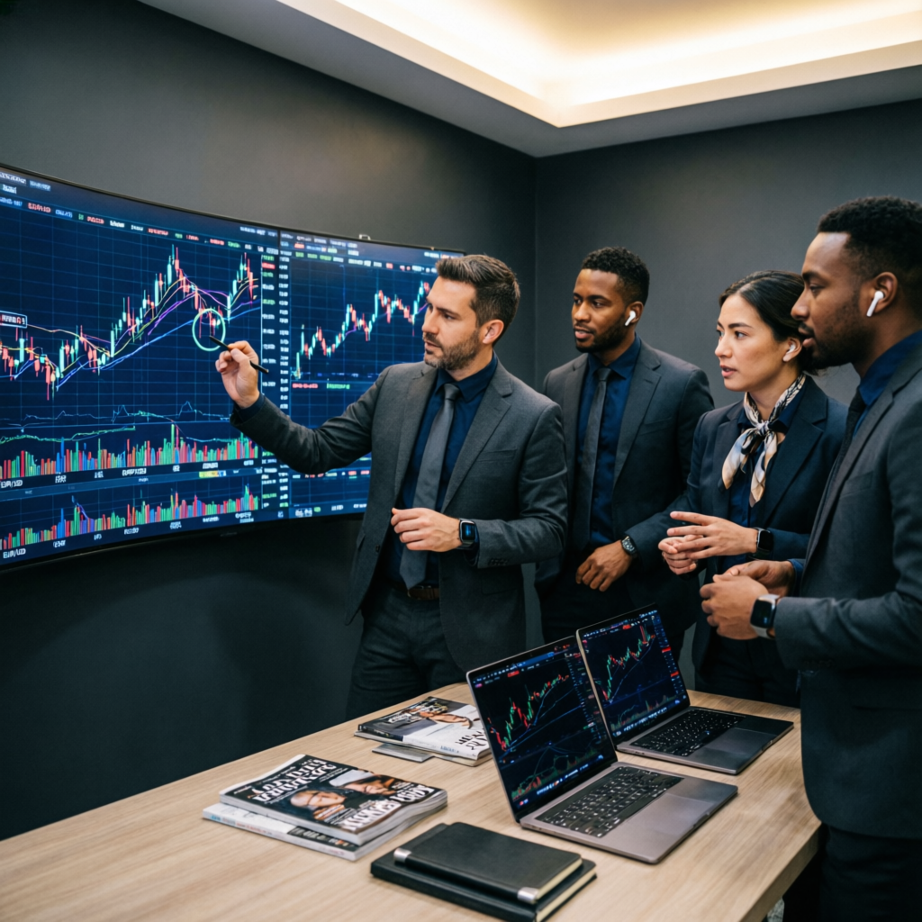 Professional team of forex traders analyzing market data together