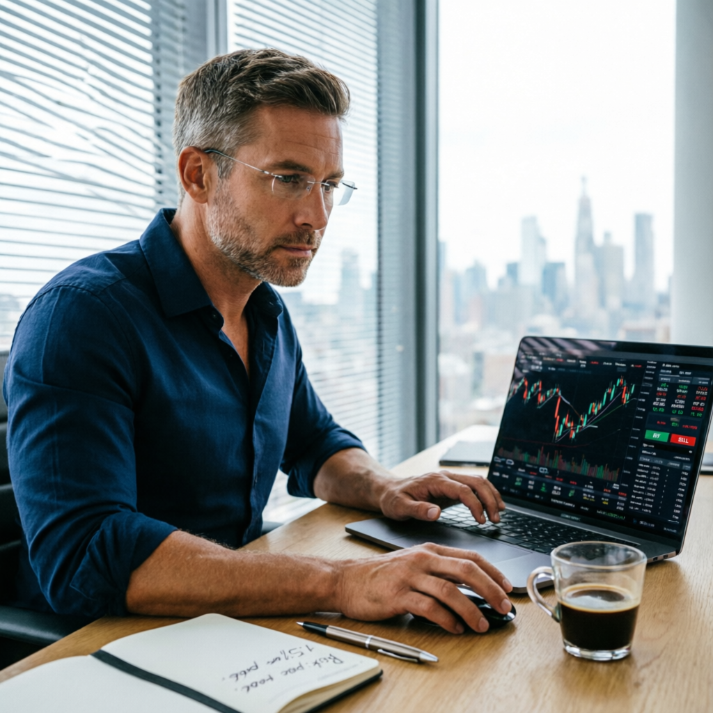 Professional forex trader analyzing trading charts on laptop